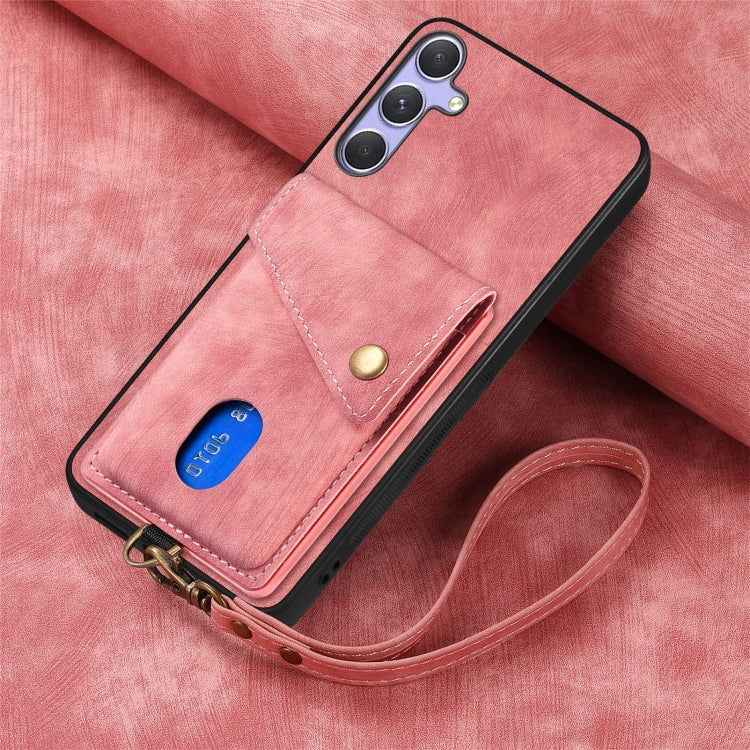 For Samsung Galaxy S25 5G Retro Card Wallet Fold Leather Phone Case with Strap
