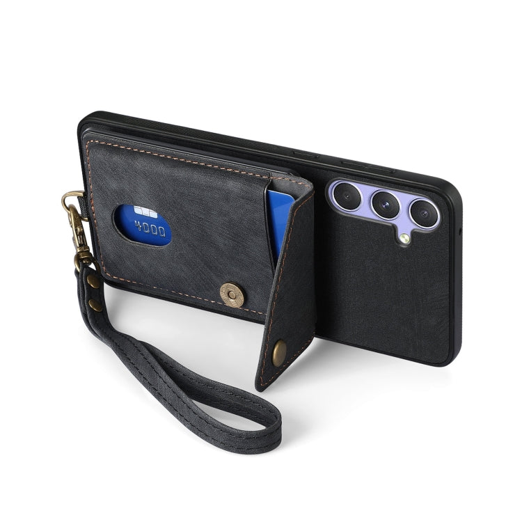 For Samsung Galaxy S25+ 5G Retro Card Wallet Fold Leather Phone Case with Strap