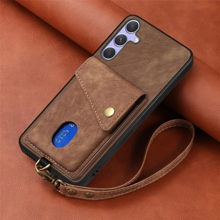 For Samsung Galaxy S25+ 5G Retro Card Wallet Fold Leather Phone Case with Strap