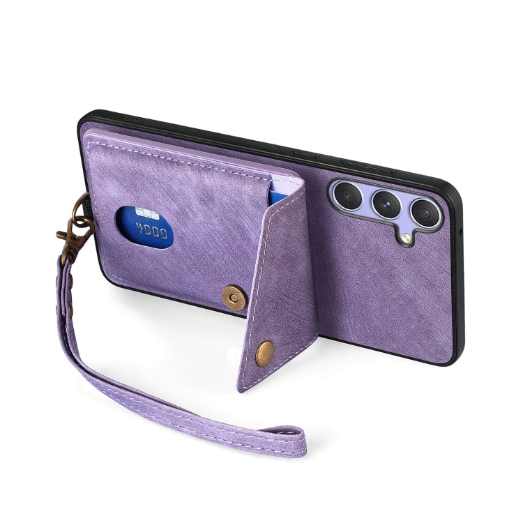 For Samsung Galaxy S25+ 5G Retro Card Wallet Fold Leather Phone Case with Strap
