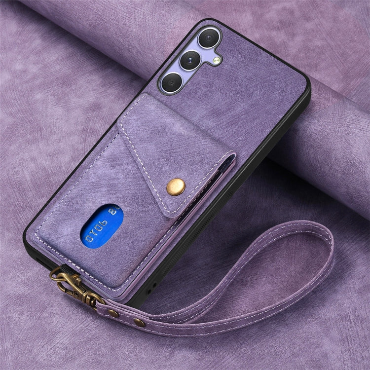 For Samsung Galaxy S25+ 5G Retro Card Wallet Fold Leather Phone Case with Strap