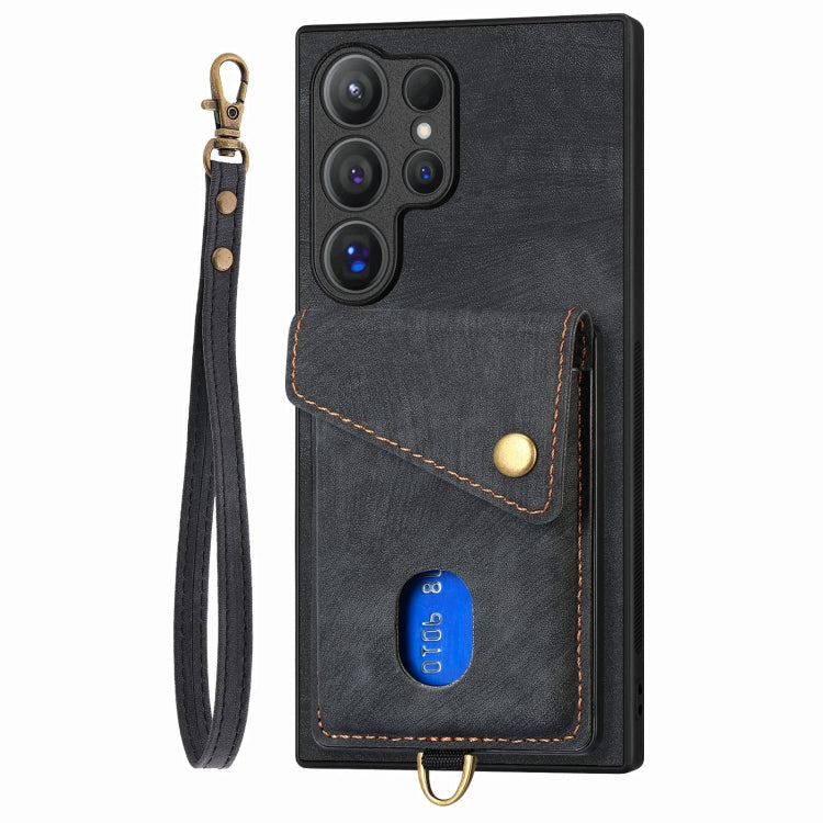 For Samsung Galaxy S25 Ultra 5G Retro Card Wallet Fold Leather Phone Case with Strap