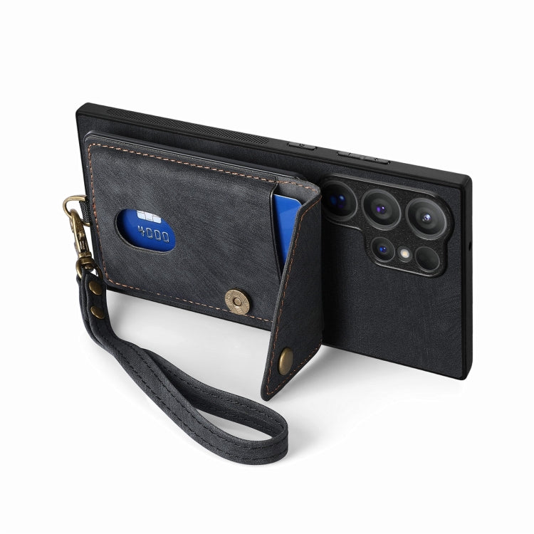 For Samsung Galaxy S25 Ultra 5G Retro Card Wallet Fold Leather Phone Case with Strap