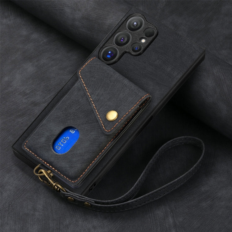 For Samsung Galaxy S25 Ultra 5G Retro Card Wallet Fold Leather Phone Case with Strap