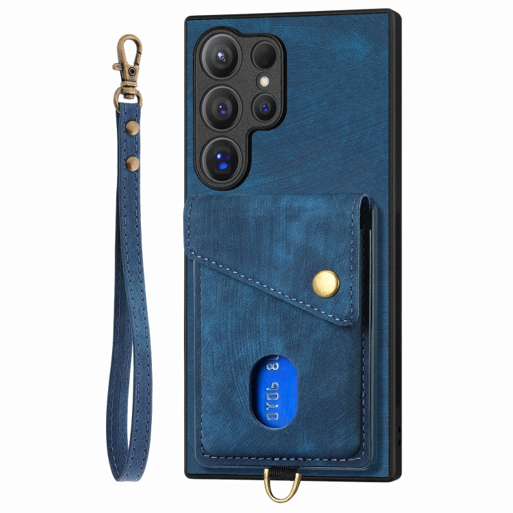 For Samsung Galaxy S25 Ultra 5G Retro Card Wallet Fold Leather Phone Case with Strap