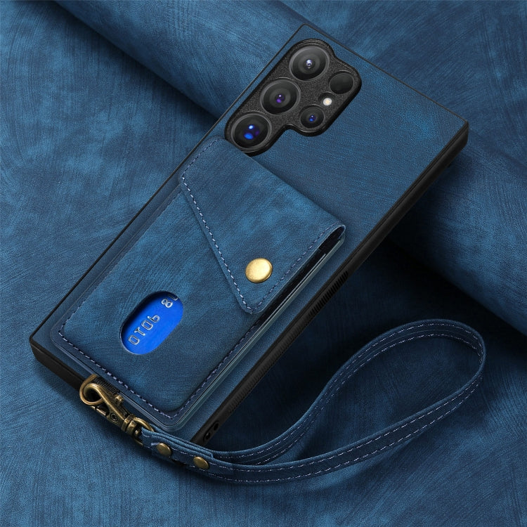 For Samsung Galaxy S25 Ultra 5G Retro Card Wallet Fold Leather Phone Case with Strap