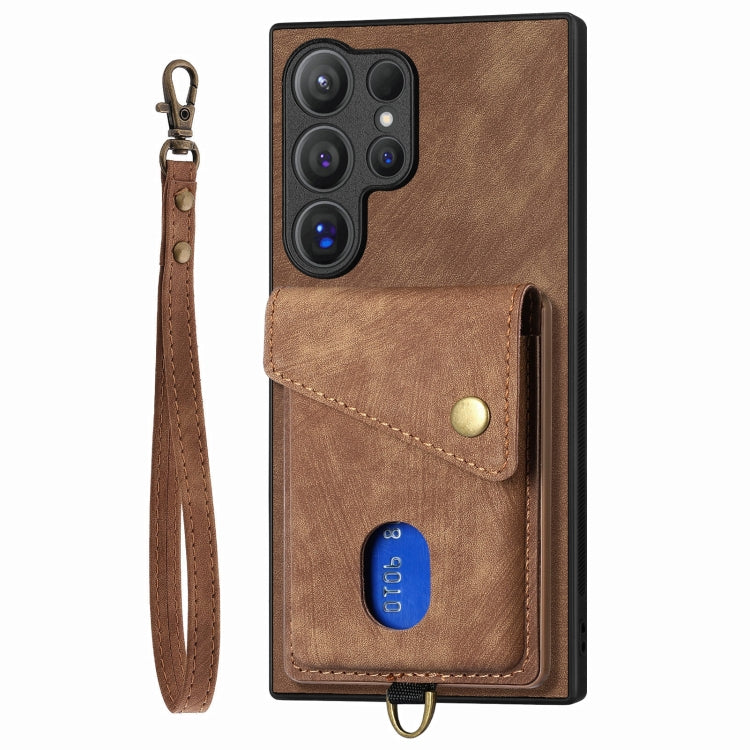 For Samsung Galaxy S25 Ultra 5G Retro Card Wallet Fold Leather Phone Case with Strap