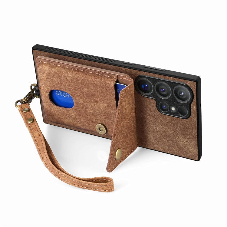 For Samsung Galaxy S25 Ultra 5G Retro Card Wallet Fold Leather Phone Case with Strap