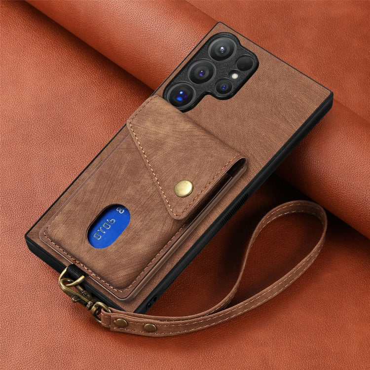 For Samsung Galaxy S25 Ultra 5G Retro Card Wallet Fold Leather Phone Case with Strap