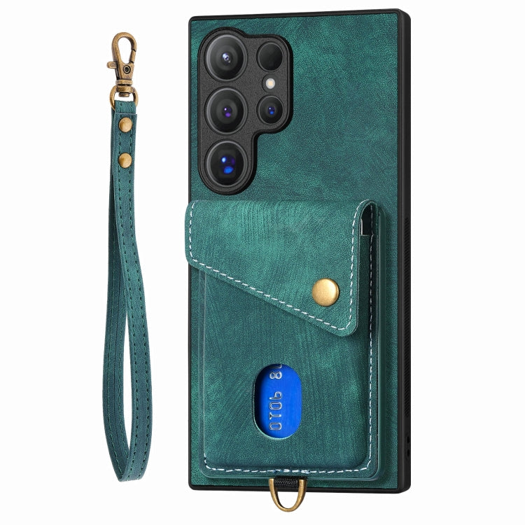 For Samsung Galaxy S25 Ultra 5G Retro Card Wallet Fold Leather Phone Case with Strap