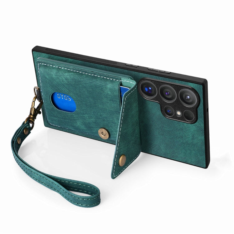 For Samsung Galaxy S25 Ultra 5G Retro Card Wallet Fold Leather Phone Case with Strap