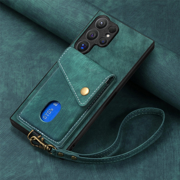 For Samsung Galaxy S25 Ultra 5G Retro Card Wallet Fold Leather Phone Case with Strap