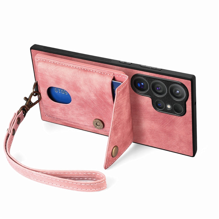 For Samsung Galaxy S25 Ultra 5G Retro Card Wallet Fold Leather Phone Case with Strap