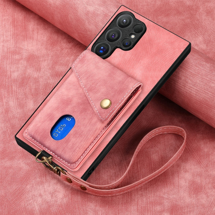 For Samsung Galaxy S25 Ultra 5G Retro Card Wallet Fold Leather Phone Case with Strap