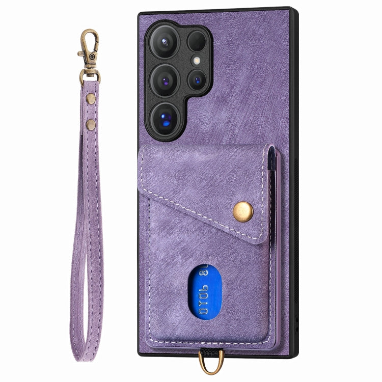 For Samsung Galaxy S25 Ultra 5G Retro Card Wallet Fold Leather Phone Case with Strap