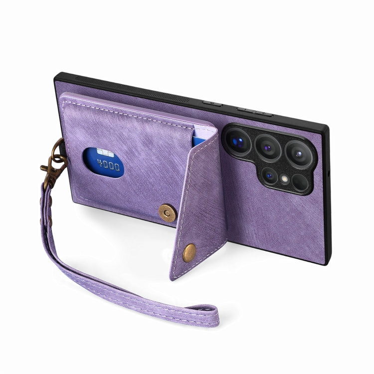 For Samsung Galaxy S25 Ultra 5G Retro Card Wallet Fold Leather Phone Case with Strap