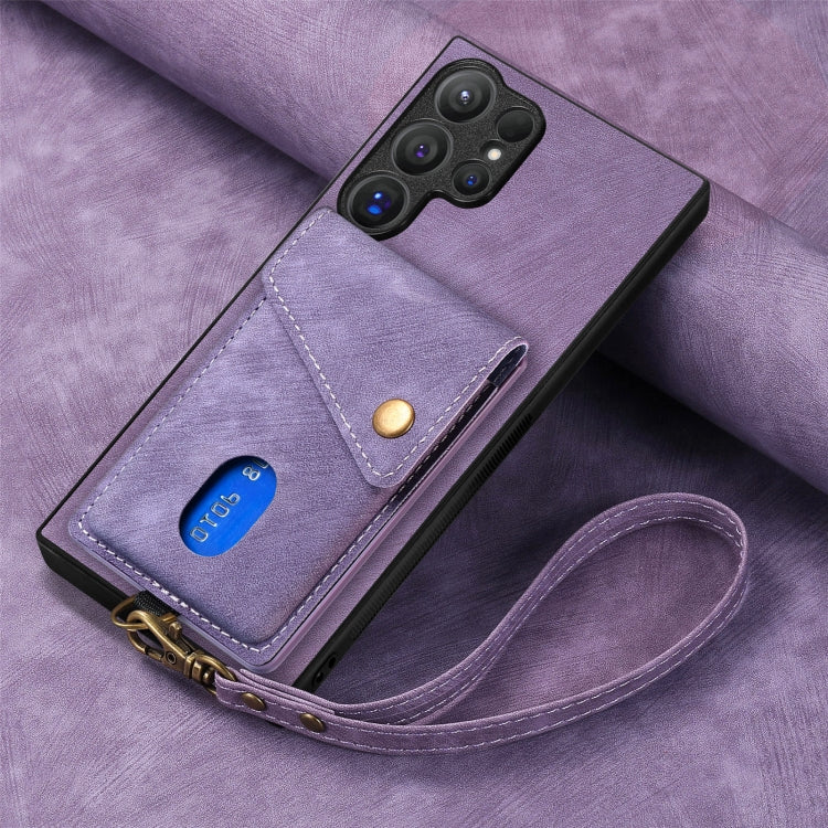 For Samsung Galaxy S25 Ultra 5G Retro Card Wallet Fold Leather Phone Case with Strap