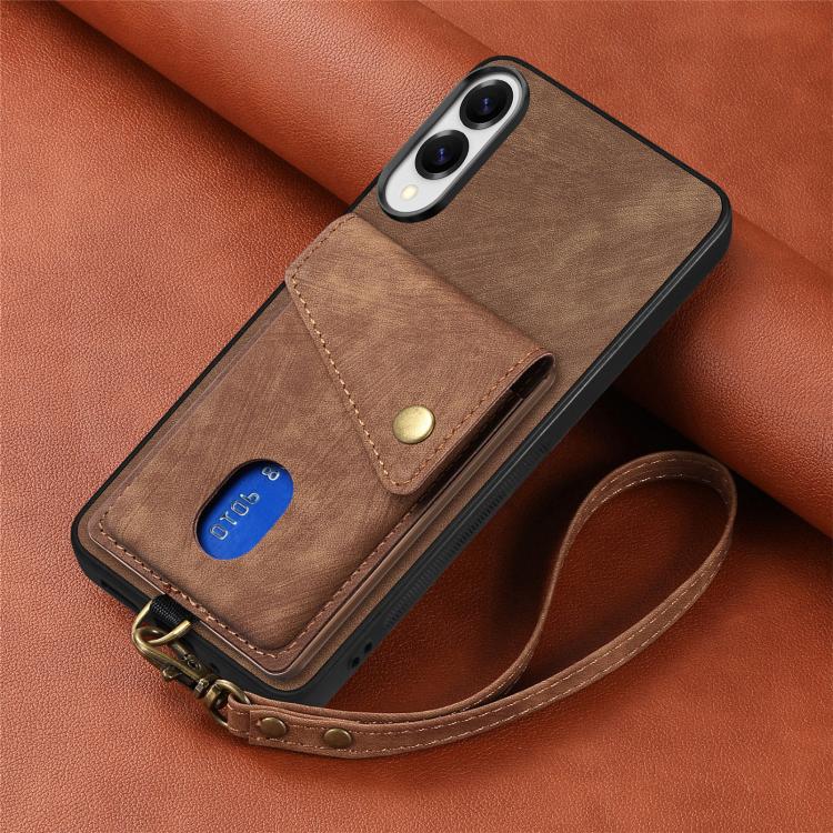 For Samsung Galaxy S25 Edge 5G Retro Card Wallet Fold Leather Phone Case with Strap
