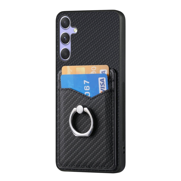 For Samsung Galaxy S25 5G Carbon Fiber Card Wallet Ring Phone Case