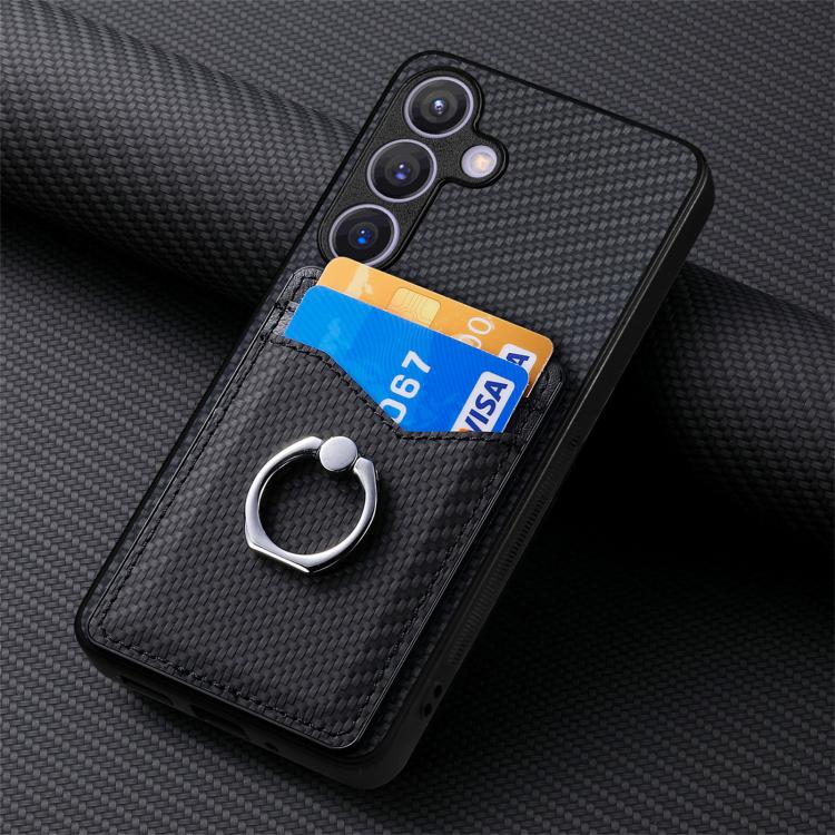 For Samsung Galaxy A57 5G Carbon Fiber Card Wallet Ring Phone Case