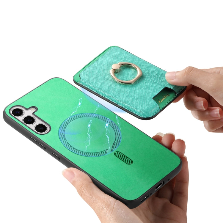 For Samsung Galaxy S25+ 5G Retro Cross Leather Ring Vertical Insert Card Bag MagSafe Phone Case