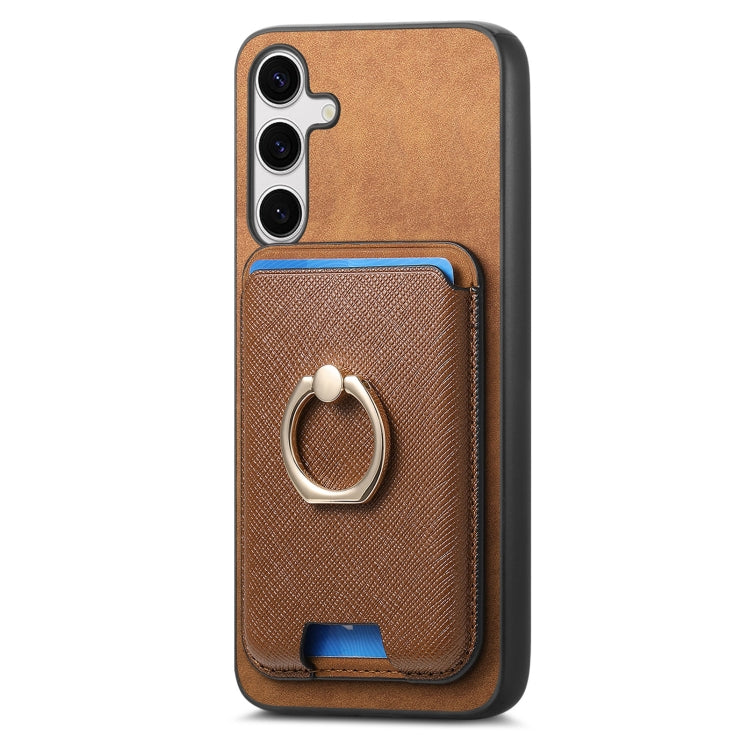 For Samsung Galaxy S25+ 5G Retro Cross Leather Ring Vertical Insert Card Bag MagSafe Phone Case