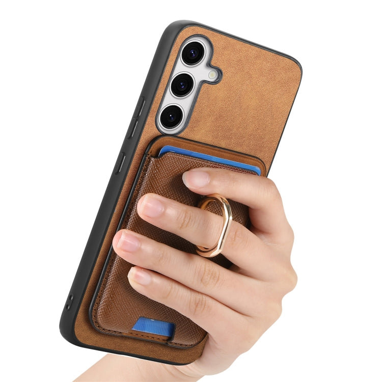 For Samsung Galaxy S25+ 5G Retro Cross Leather Ring Vertical Insert Card Bag MagSafe Phone Case