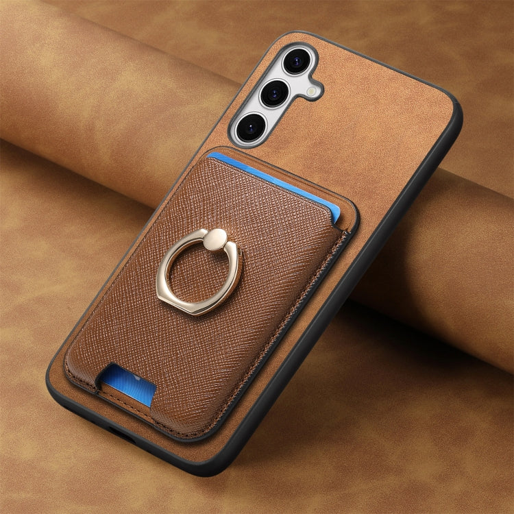 For Samsung Galaxy S25+ 5G Retro Cross Leather Ring Vertical Insert Card Bag MagSafe Phone Case