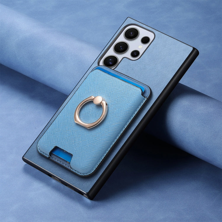 For Samsung Galaxy S25 Ultra 5G Retro Cross Leather Ring Vertical Insert Card Bag MagSafe Phone Case