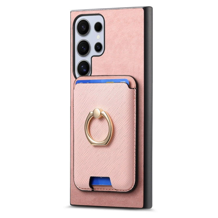 For Samsung Galaxy S25 Ultra 5G Retro Cross Leather Ring Vertical Insert Card Bag MagSafe Phone Case