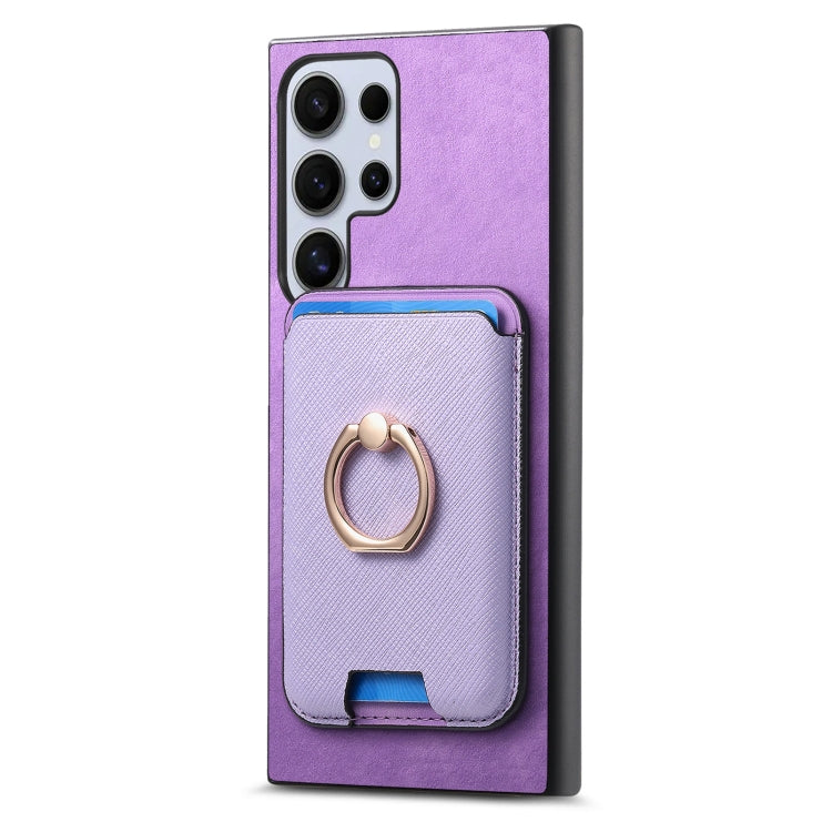 For Samsung Galaxy S25 Ultra 5G Retro Cross Leather Ring Vertical Insert Card Bag MagSafe Phone Case
