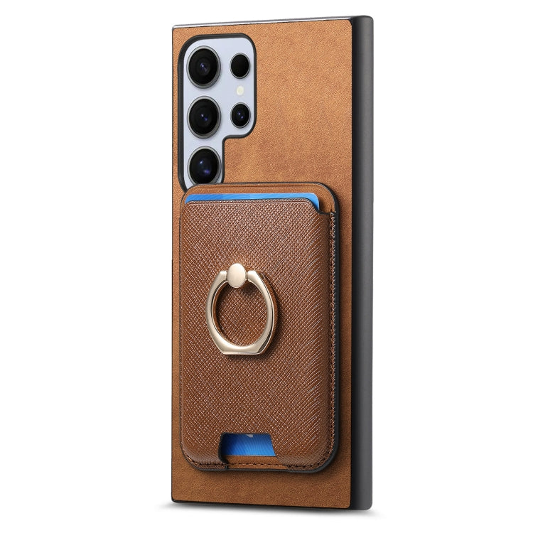 For Samsung Galaxy S25 Ultra 5G Retro Cross Leather Ring Vertical Insert Card Bag MagSafe Phone Case
