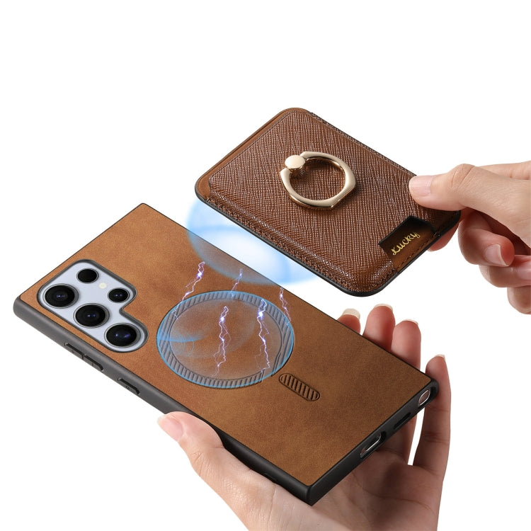 For Samsung Galaxy S25 Ultra 5G Retro Cross Leather Ring Vertical Insert Card Bag MagSafe Phone Case