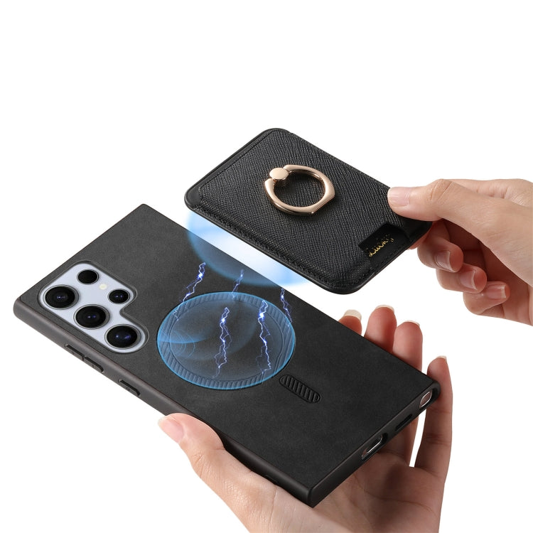For Samsung Galaxy S25 Ultra 5G Retro Cross Leather Ring Vertical Insert Card Bag MagSafe Phone Case