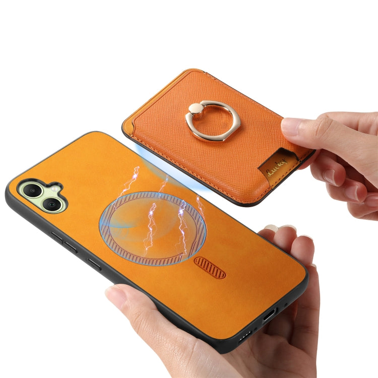 For Samsung Galaxy A06 Retro Cross Leather Ring Vertical Insert Card Bag MagSafe Phone Case