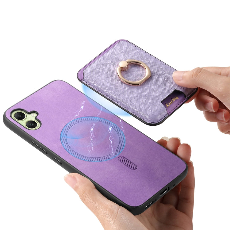 For Samsung Galaxy A06 Retro Cross Leather Ring Vertical Insert Card Bag MagSafe Phone Case