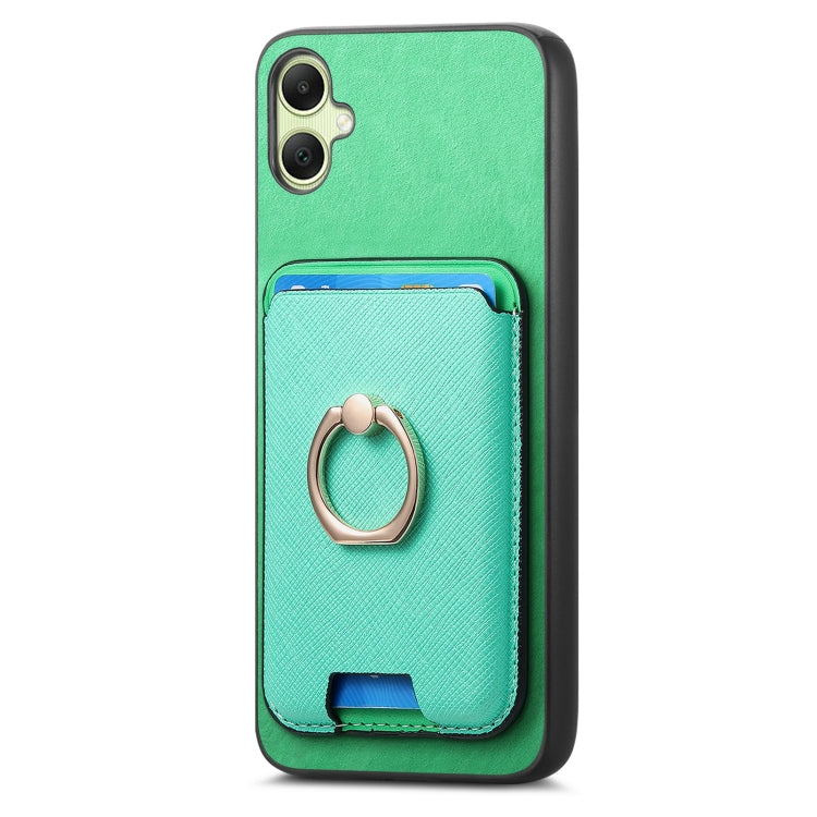 For Samsung Galaxy A06 Retro Cross Leather Ring Vertical Insert Card Bag MagSafe Phone Case