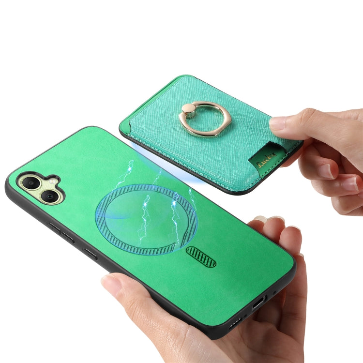 For Samsung Galaxy A06 Retro Cross Leather Ring Vertical Insert Card Bag MagSafe Phone Case