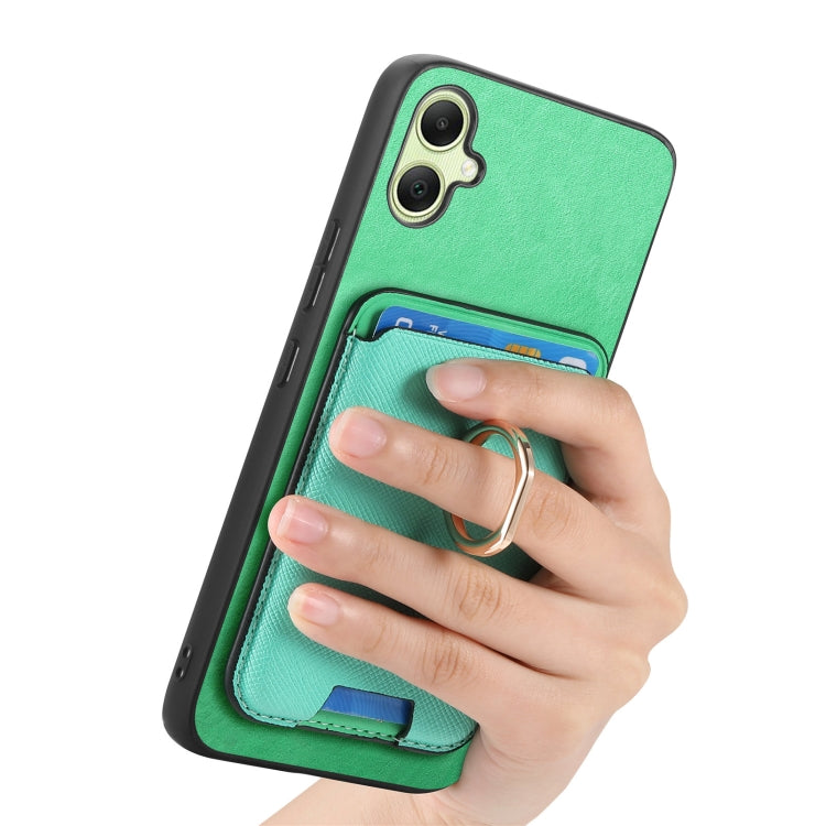 For Samsung Galaxy A06 Retro Cross Leather Ring Vertical Insert Card Bag MagSafe Phone Case