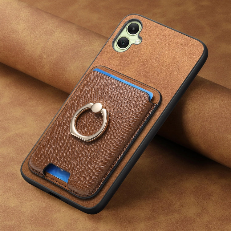 For Samsung Galaxy A06 Retro Cross Leather Ring Vertical Insert Card Bag MagSafe Phone Case