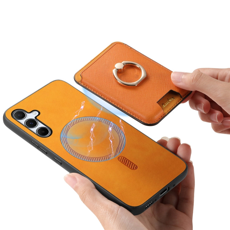 For Samsung Galaxy A55 5G Retro Cross Leather Ring Vertical Insert Card Bag MagSafe Phone Case