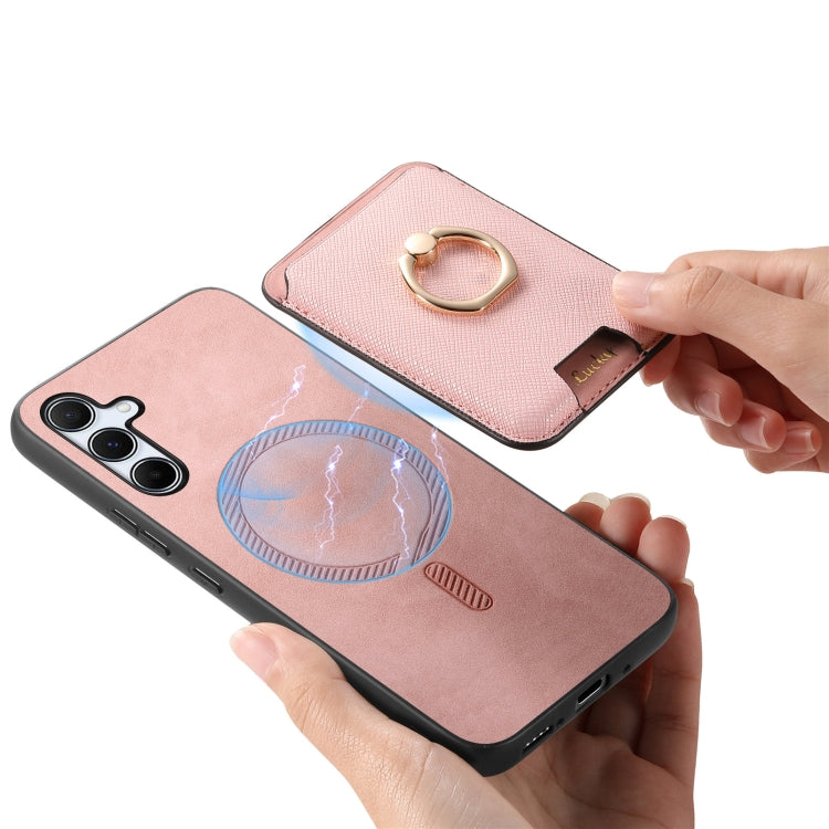 For Samsung Galaxy A55 5G Retro Cross Leather Ring Vertical Insert Card Bag MagSafe Phone Case