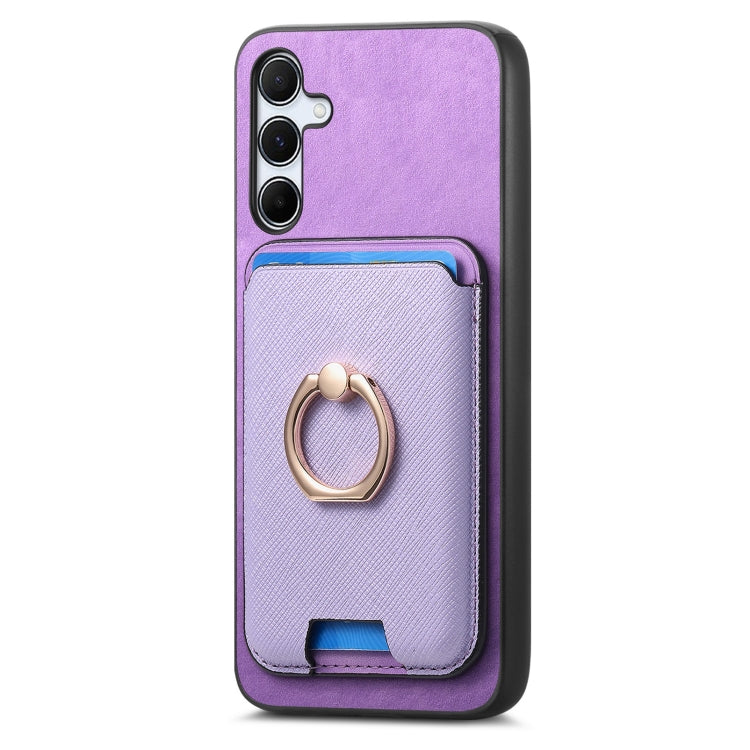 For Samsung Galaxy A55 5G Retro Cross Leather Ring Vertical Insert Card Bag MagSafe Phone Case