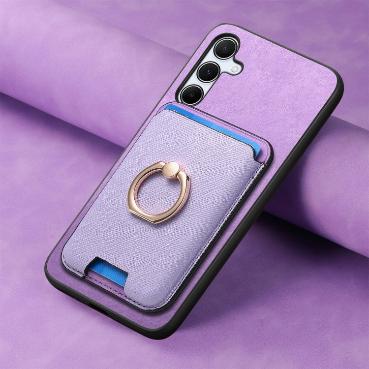 For Samsung Galaxy A55 5G Retro Cross Leather Ring Vertical Insert Card Bag MagSafe Phone Case