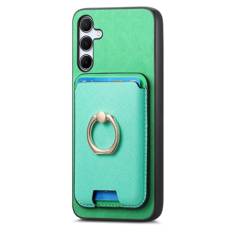 For Samsung Galaxy A55 5G Retro Cross Leather Ring Vertical Insert Card Bag MagSafe Phone Case