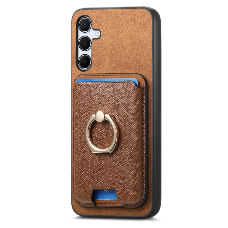 For Samsung Galaxy A55 5G Retro Cross Leather Ring Vertical Insert Card Bag MagSafe Phone Case