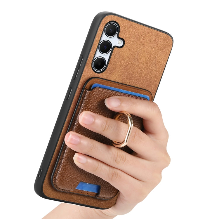 For Samsung Galaxy A55 5G Retro Cross Leather Ring Vertical Insert Card Bag MagSafe Phone Case