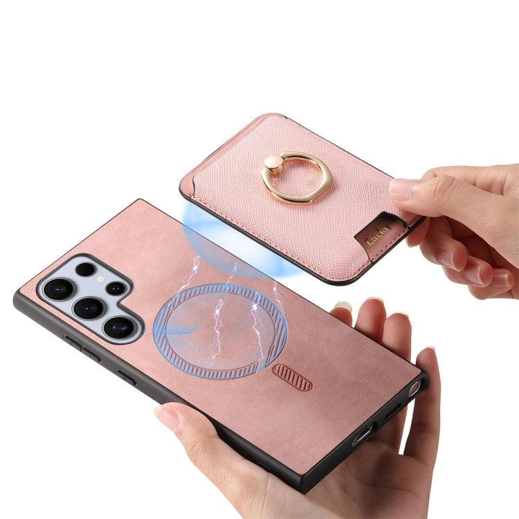For Samsung Galaxy S24 Ultra 5G Retro Cross Leather Ring Vertical Insert Card Bag MagSafe Phone Case