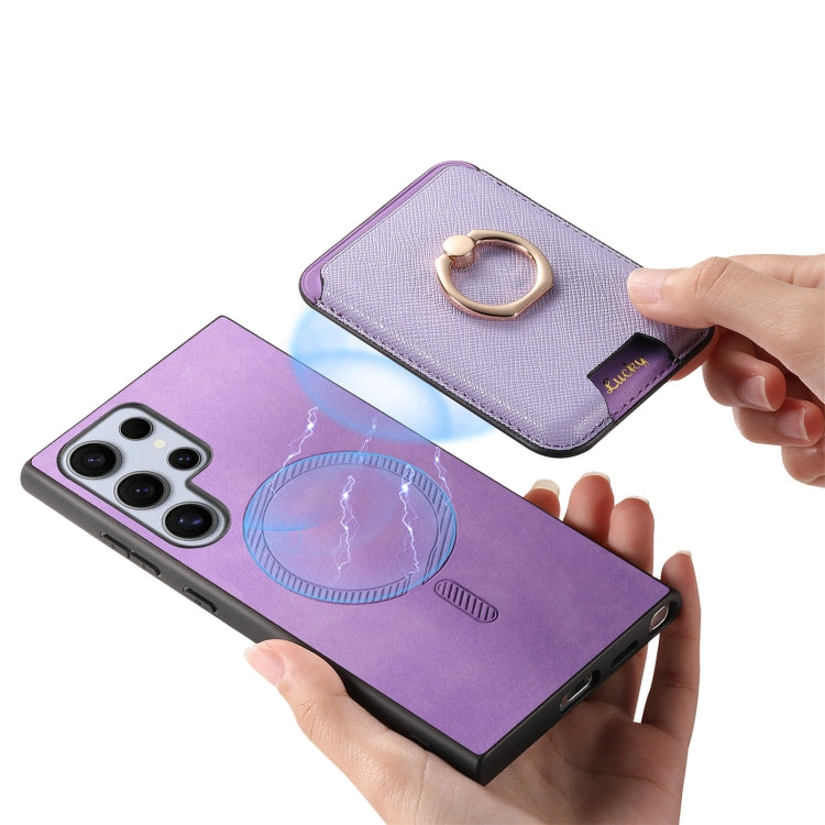 For Samsung Galaxy S24 Ultra 5G Retro Cross Leather Ring Vertical Insert Card Bag MagSafe Phone Case