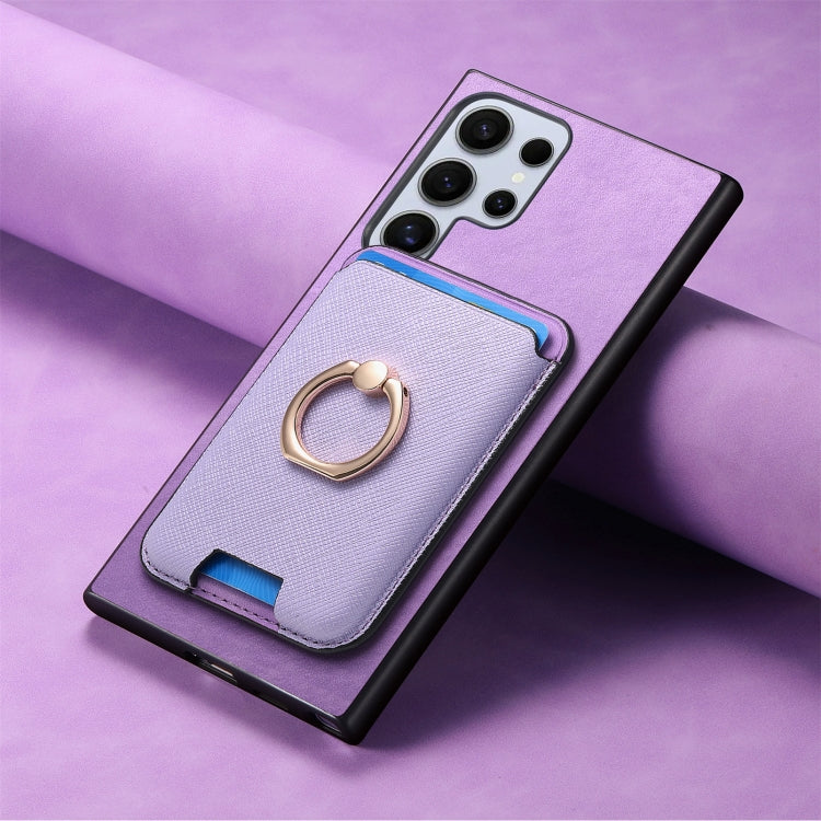 For Samsung Galaxy S24 Ultra 5G Retro Cross Leather Ring Vertical Insert Card Bag MagSafe Phone Case